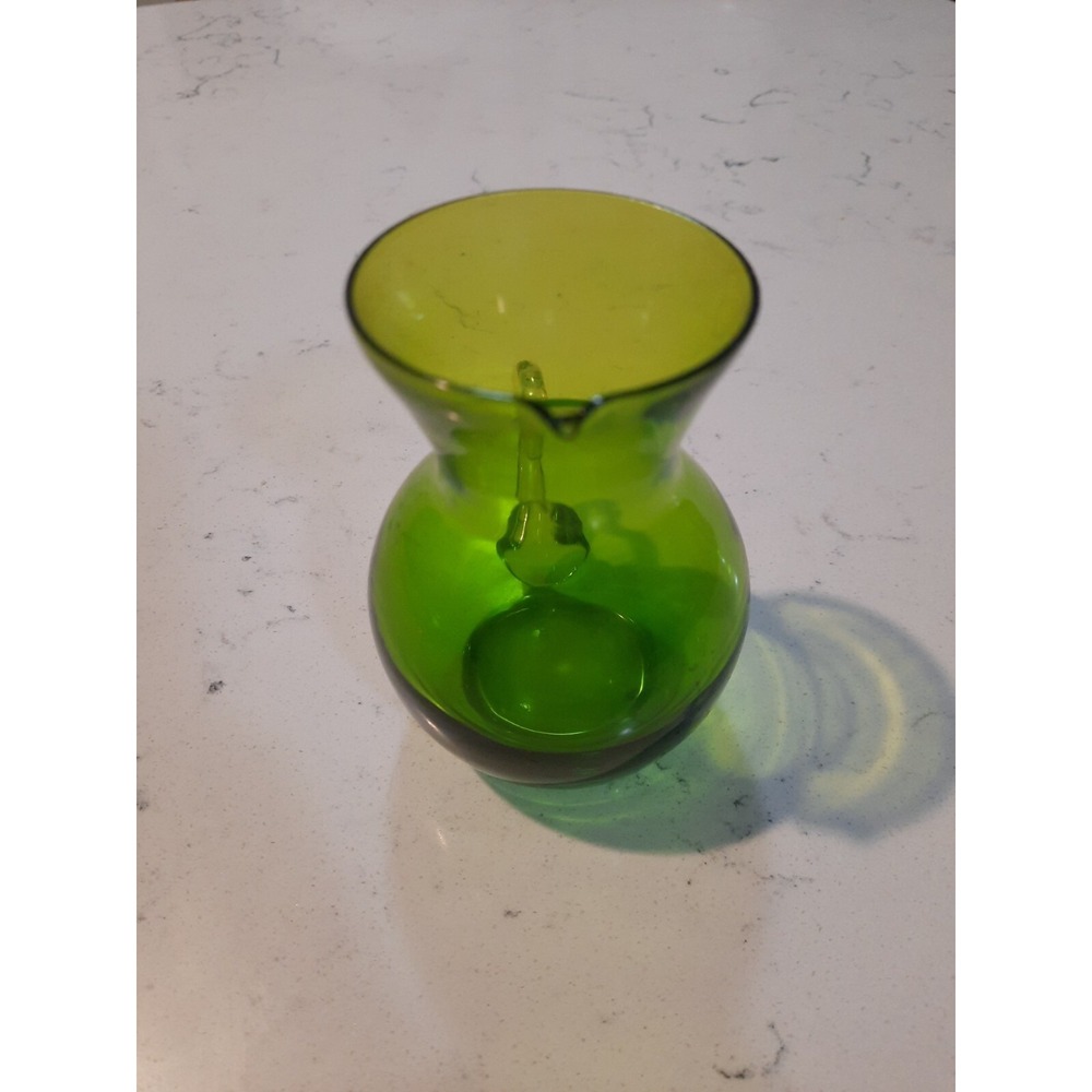 Hand Blown Bright Green Glass Miniature Pitcher Applied Clear Handle Decorative - Picture 2 of 5